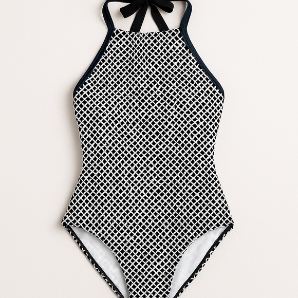 Nike high neck one piece swimsuit black and white and a touch of blue - Picture 1 of 11